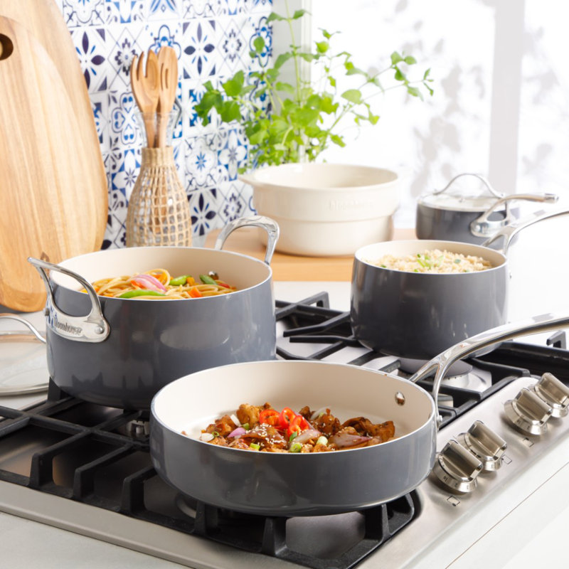 Batterie de cuisine antiadhésive en aluminium 12 pièces, Gris pierre