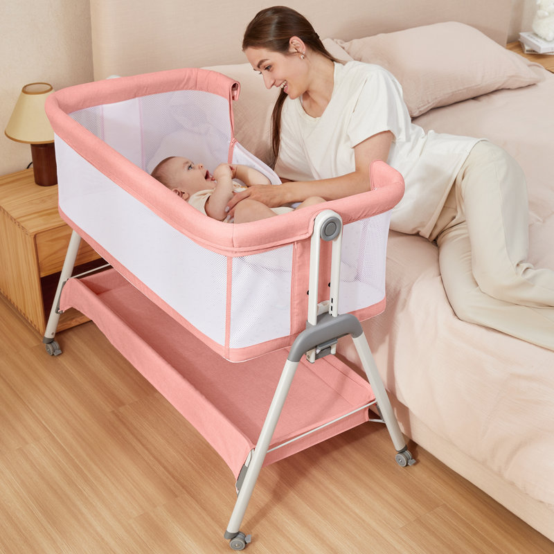 Scarletta Baby Bassinet Bedside Crib with Storage Basket and Wheels, Easy Folding Bed Side Sleeper Adjustable Height Portable Crib for Newborn