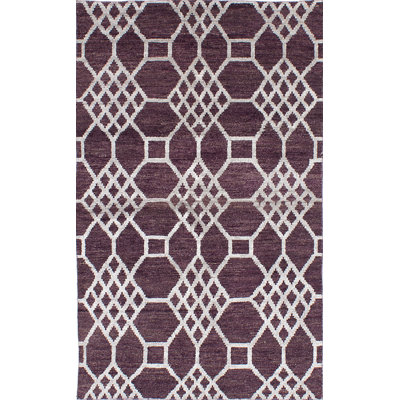 Tapis mauve noué à la main de conception unique 4 pi 10 po x 7 pi 11 po Fjoralba