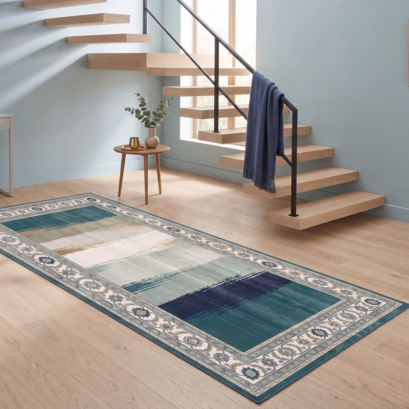 Tapis Devereux moderne à rayures effet pinceau bleu sarcelle et blanc, lavable à la machine, antidérapant, à poils courts, pour l'intérieur et l'extérieur, adapté aux animaux domestiques, idéal pour le salon, la chambre, la salle à manger, l'entrée, le couloir ou le bureau.