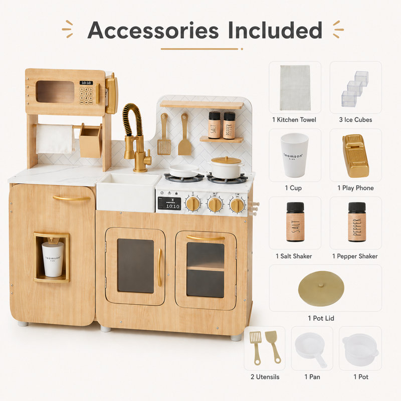 Teamson Kids Little Chef Cyprus Wooden Play Kitchen Set with 14 Accessories, Faux Marble Backsplash, and Gold Accents