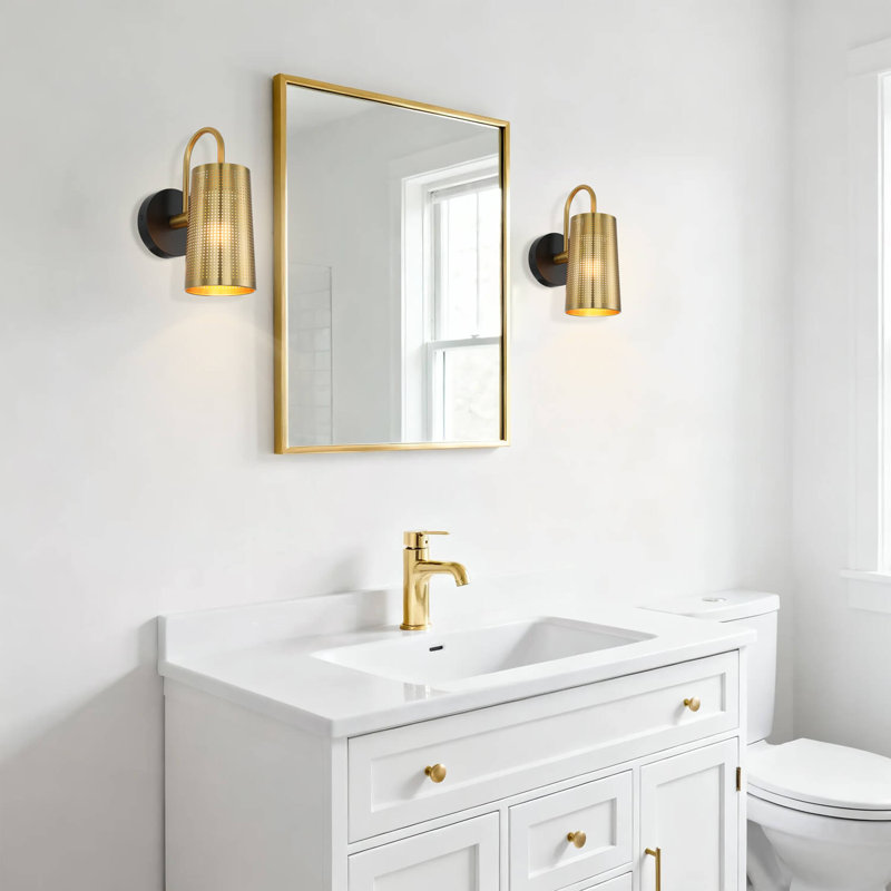 Modern Matte Black & Brushed Brass Wall Lamp with Cone Iron Shade for Bedroom Bathroom Hallway