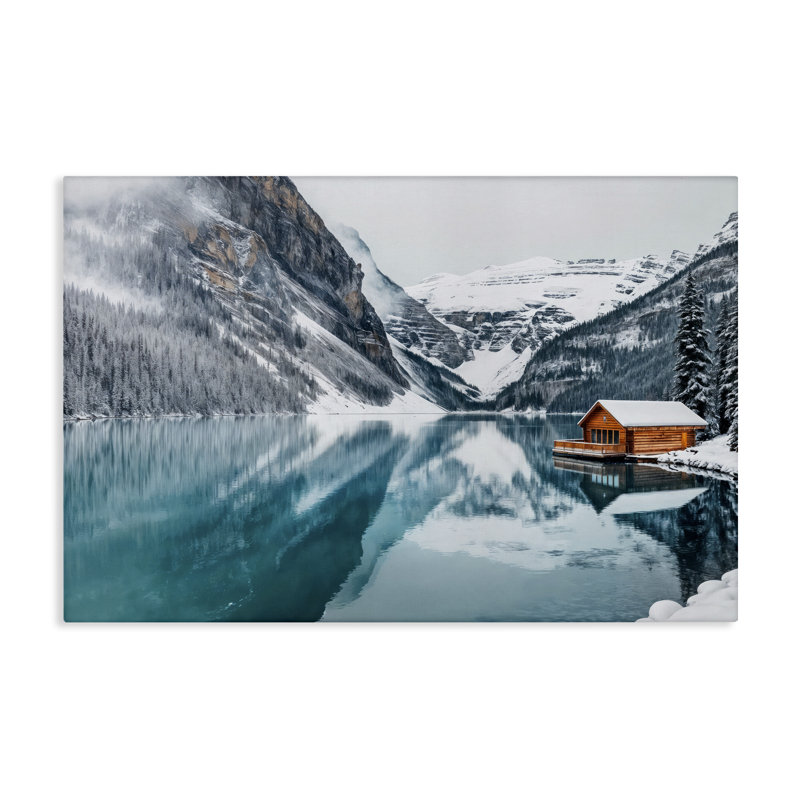 «Winter Cabin on Icy Lake», art mural par Lazar Studio, H 30 po x l 45 po