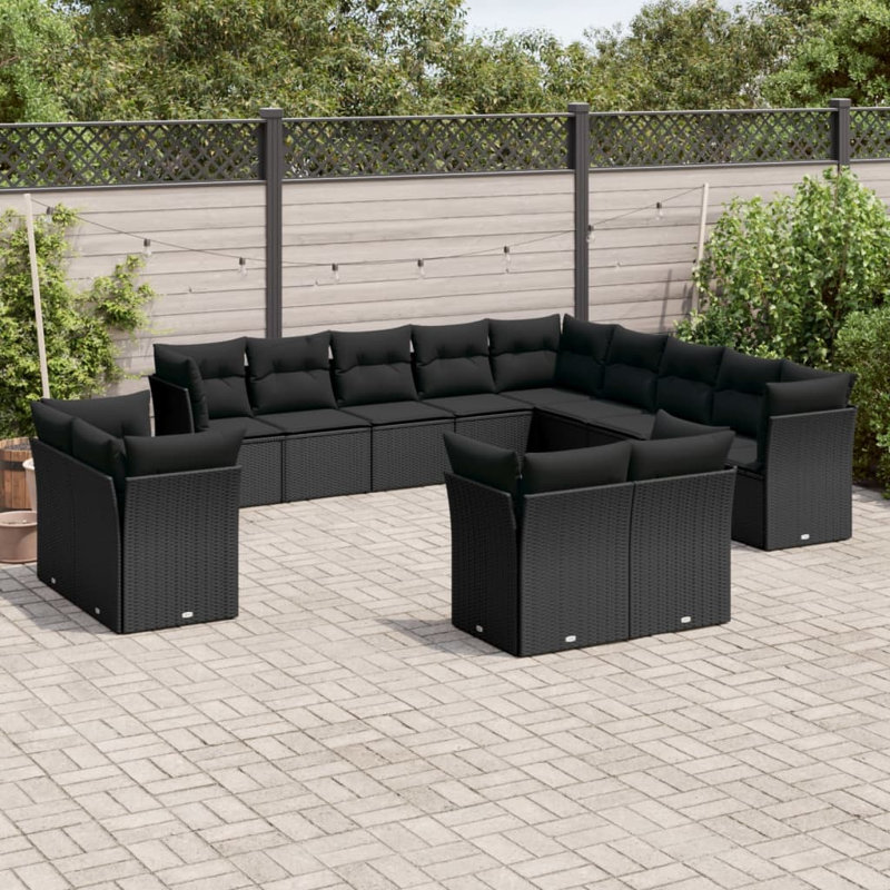  Ensemble de canapé de jardin en rotin noir, Noir, Noir