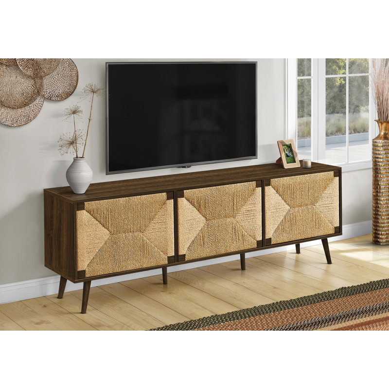Tv Stand, 72 Inch, Media Entertainment Center, Storage Cabinet, Console, Brown Laminate, Seagrass-look, Mid Century, Modern