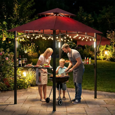 8 pi x 5 pi Abri de barbecue avec auvent latéral, auvent de barbecue à deux niveaux avec tablettes, lumières DEL, crochets et ouvre-bouteille pour patio, cour ou terrasse