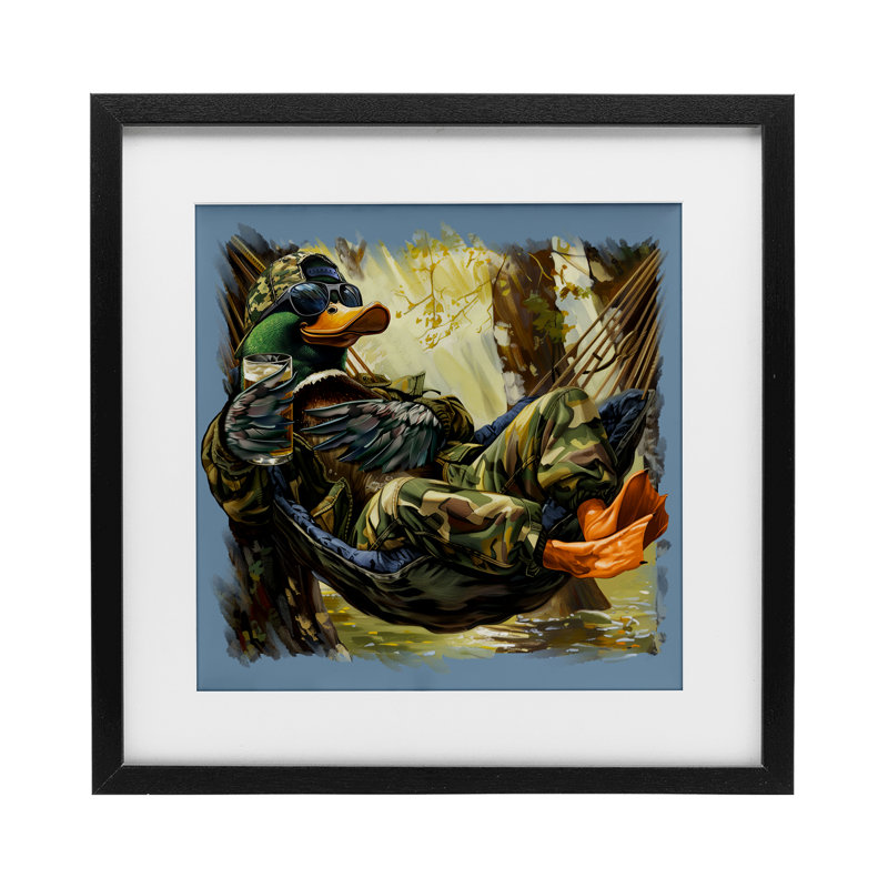 «Mallard Hammock in Camo», reproduction encadrée sous verre, conception de Jim Baldwin, H 13 po x l 13 po, Cadre noir minuit