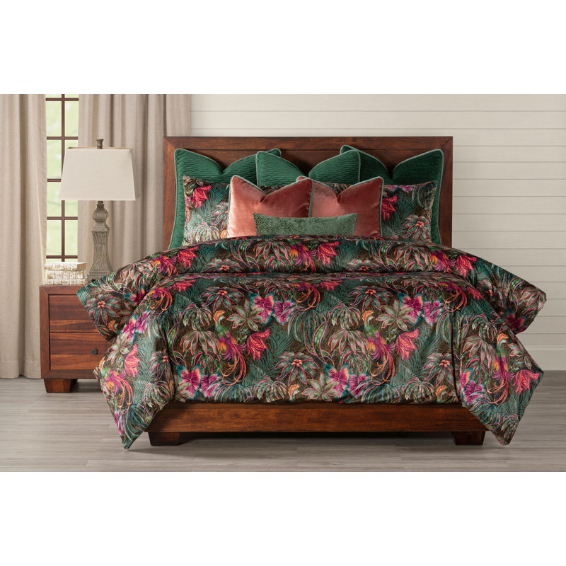 Tropical Floral Print Velvet Duvet Cover & Insert Set, California King Duvet Cover + 5 Shams + 3 Pillows