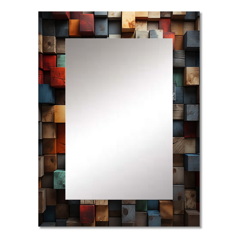 Cubes abstraits bleus et rouges II - miroir mural cubique, miroir décoratif moderne, impression d'art en métal, 32 po x 24 po