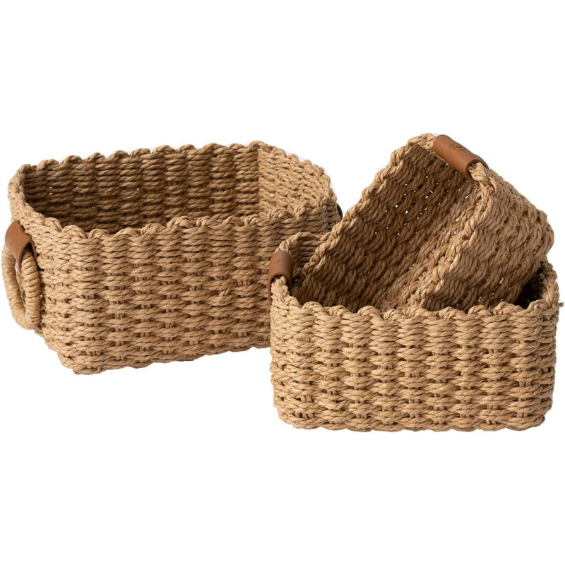 Small Wicker Storage Basket, Made Of Recycled Paper Rope. Suitable For Shelves, Bathroom Cabinets, Drawers, Etc. Square Decorative Storage Basket, 3-Piece Set.