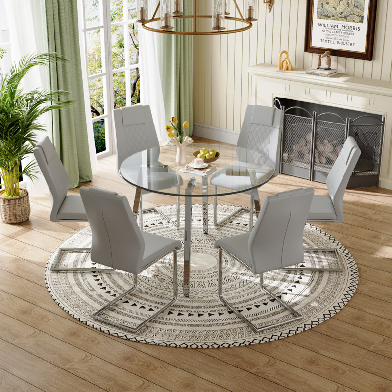 Glass Top Dining Set, Light Gray/Silver, 7, Silver