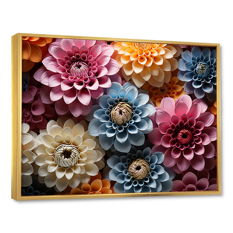 Multicolore Zinnias Mixed Collage II sur toile, H 24 po x l 32 po x P 1 po, Cadre flottant doré
