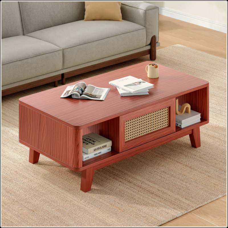 Table basse, tables de salon de style Mid-Century avec rangement, carré moderne avec tiroir en rotin, table de salon en bois avec pieds en bois massif