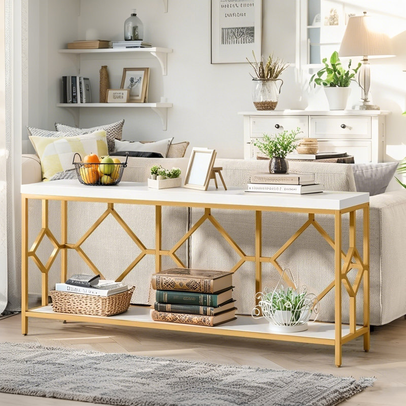 70.86'' Extra Long Entryway Accent Table, 2 Tier Console Sofa Tables, White/Gold