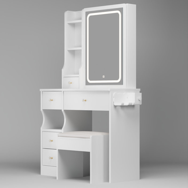 Small Space Left Drawer Desktop Vanity Table + Cushioned Stool, 2 AC+2 USB Power Station, White 1
