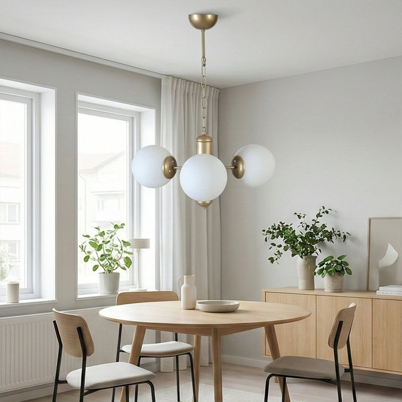 Lustre Luna Trio Mid-Century, Doré, Blanc