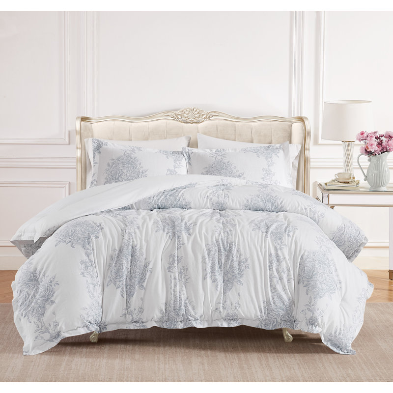 Toile Bouquet Comforter Set, King Comforter + 2 King Shams, Stonewash Floral