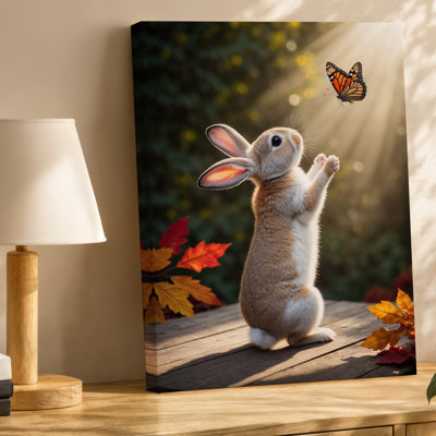 Toile, petit lapin moelleux avec fourrure de couleur crème veloutée, art mural debout sur ses pattes arrières