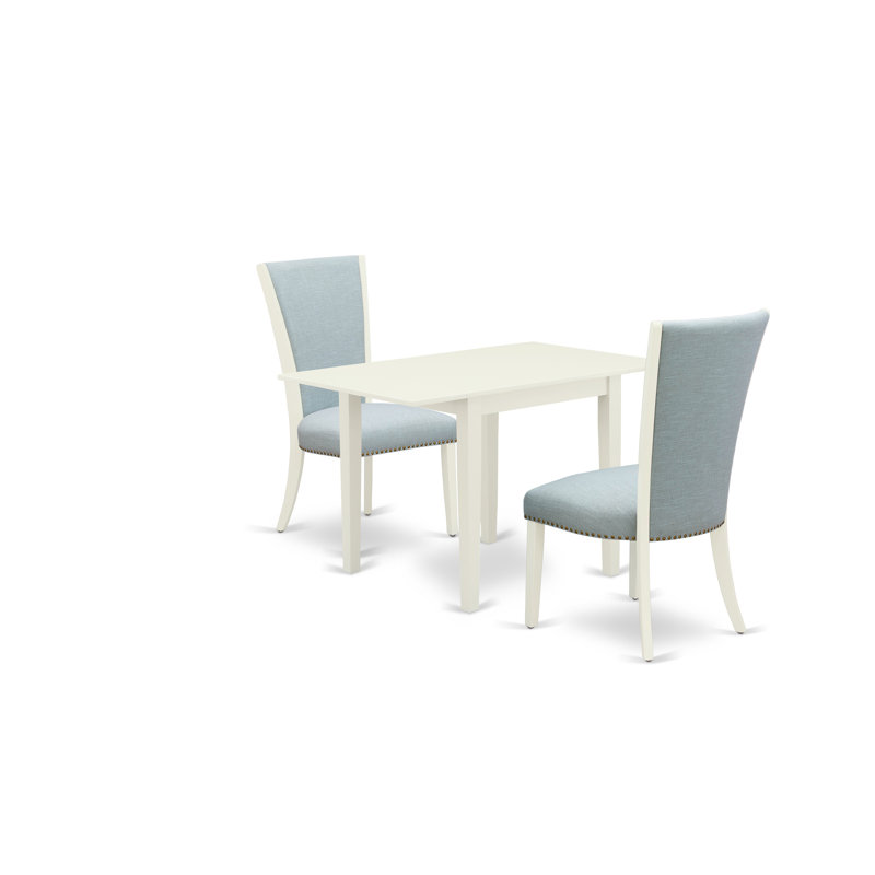 Ensemble de table de salle à manger 3 pièces avec plateau rectangulaire en bois massif Dropleaf, Bleu, Lin blanc