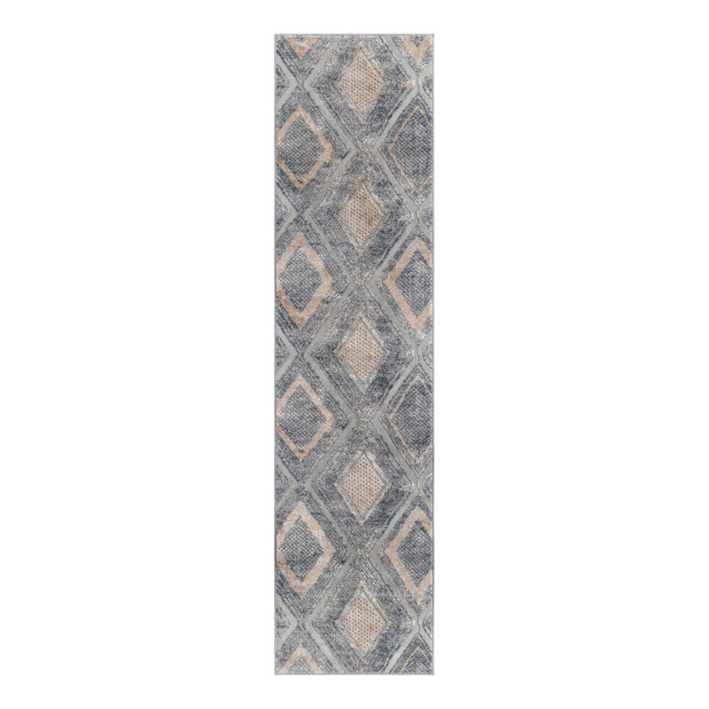  Tapis géométrique gris / bleu, Tapis de couloir 2 pi x 8 pi