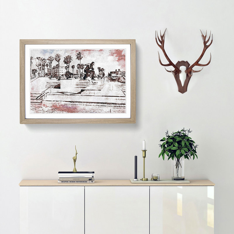 Tricks with the Skateboard in Abstract - Picture Frame Painting Print, Oak, 35cm H x 50cm W x 2cm D