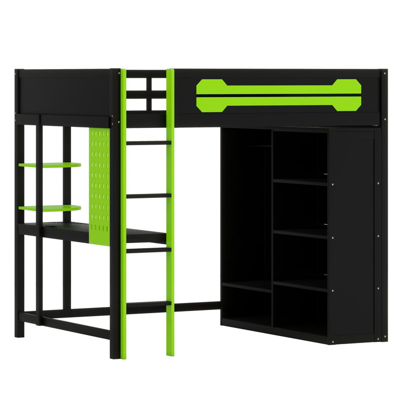 Space-Saving High Sleeper Featuring Workspace, Accessible Wardrobe Storage, and Dynamic LED Light Strips, Green