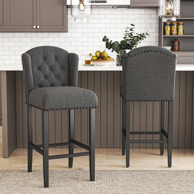 Paulsen 75cm Set of 2 Mid-Century Wooden Bar Stools Linen Upholstered