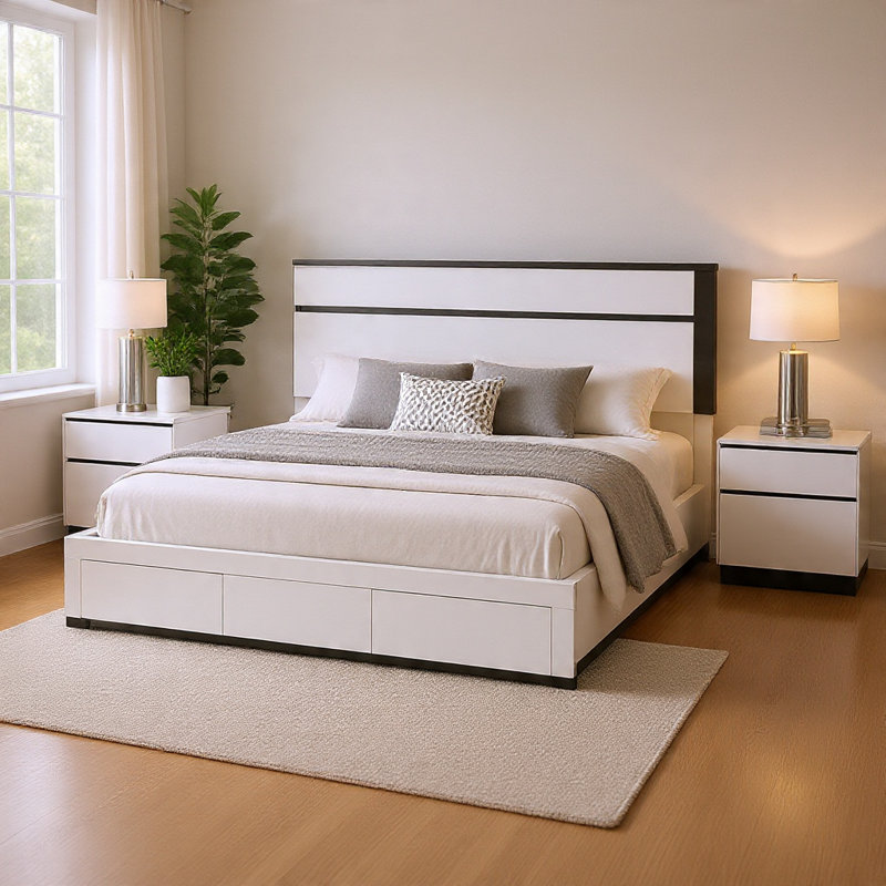 Ensemble de chambre à coucher grand lit, blanc, bois gris métallique, ensemble de 3 pièces avec 2 tables de chevet