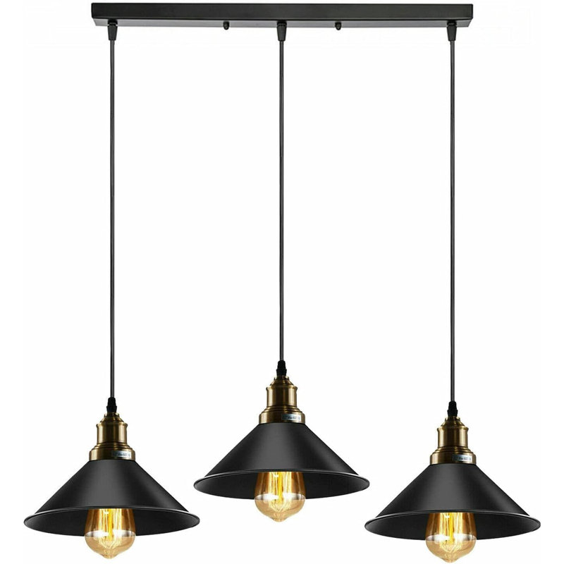 Industrial 3 Head Black Light Shade Retro Style Metal Ceiling Pendant Lamp With 50Cm Ceiling Rose For Kitchen Island Living Room Dining Room, Rectangle