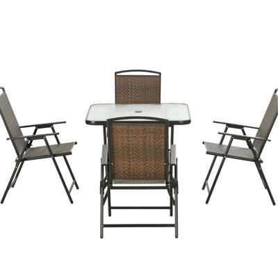 5 chaises de patio pliables, brun foncé, pliable, compatible avec parasol, verre trempé pour l'extérieur, pliable, trou