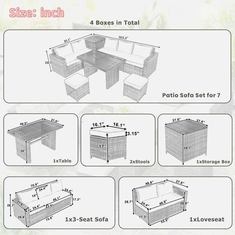 6-piece All Weather Pe Rattan Sofa Set With Adjustable Seat, Storage Box, Removable Covers And Tempered Glass Top Table