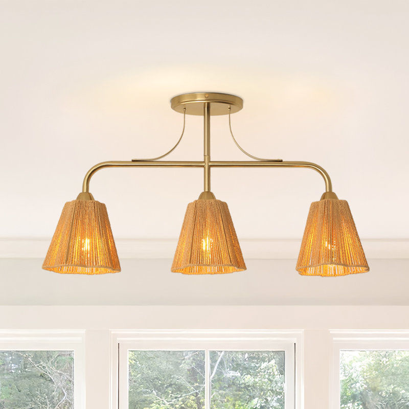 Boho 30" 3-Light Semi-Flush Mount Ceiling Light With Brown Woven Paper Rope Shade