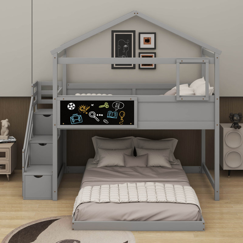 Twin Over Full House Bunk Bed With Blackboard, Gray