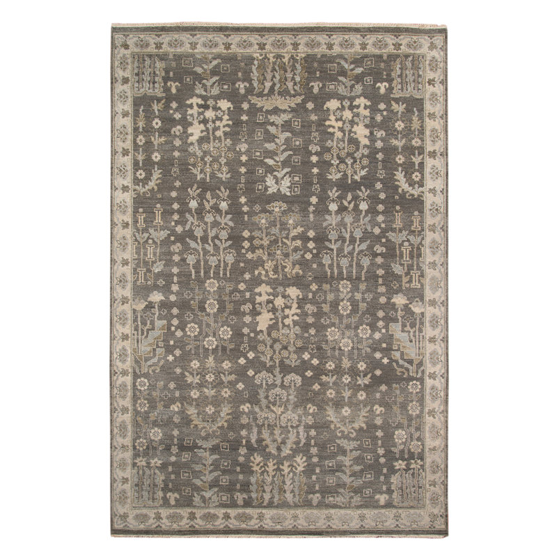 Tapis gris en laine noué à la main Butner, Rectangle de 10 pi x 14 pi