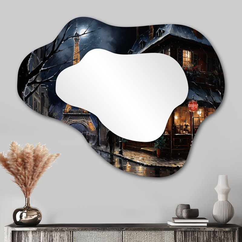 Vagabond Paris Bar Eiffel Tower Full Moon - Paris Cloud Large Mirror, Traditional Asymmetrical Decorative Wall Mirror, Printed Metal Art
