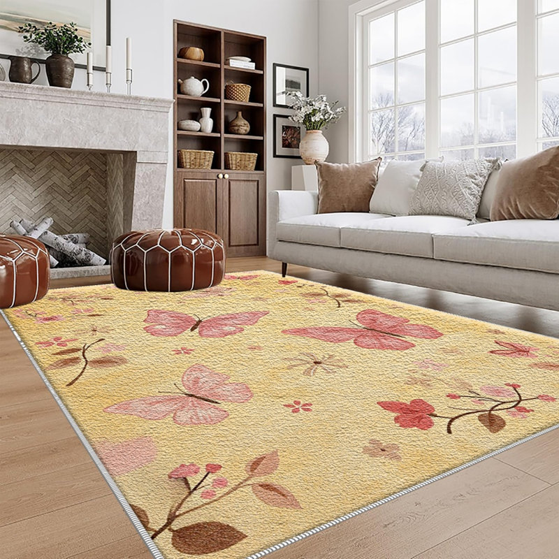 Warm Yellow Butterfly Carpet-waterproof, easy to clean, machine-washable, soft and comfortable; suitable for door mats, kitchens, living rooms, bedrooms, corridors, and laundry areas. Easy to clean, durable carpet for home decoration.