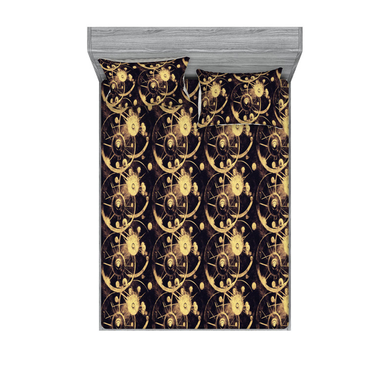 Ambesonne Fitted Sheet & Shams, King Sheet Set with 2 Pillowcases, Dark Purple/Pale Mustard Abstract
