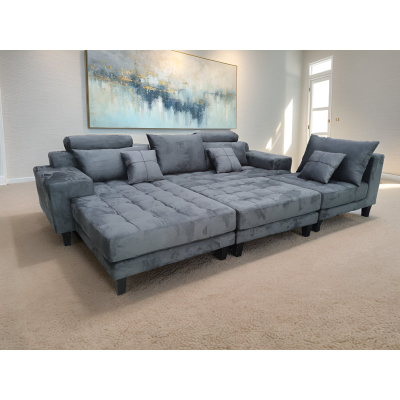 Upholstered L-Shaped Sectional, Left Hand Facing, Gray Microfiber/Microsuede