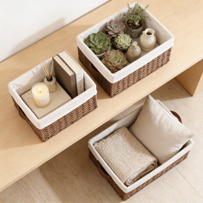 Hand-Woven Wicker Storage Baskets Set Of 3 With Handles, Decorative And Stackable Organizing Bins For Bathroom, Shelves, Closet, And Home Decor