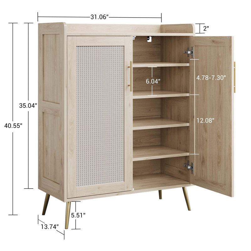 Range-chaussures à 6 niveaux en rotin avec portes, Bois naturel