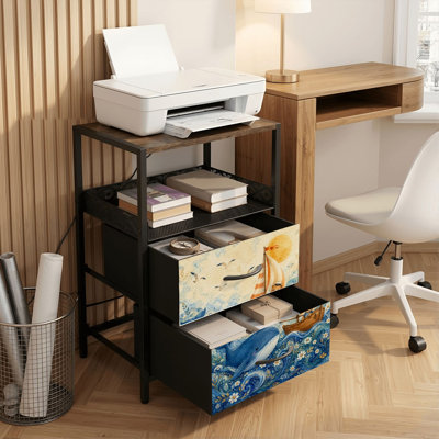 Table de chevet 2 tiroirs avec station de charge, table de chevet pour chambre à coucher avec ports USB, tablette ouverte noire, table de chevet avec motif nautique lunatique