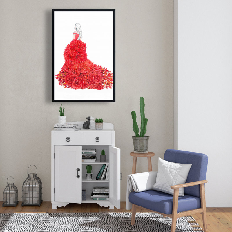 Robe fleurie - Toile encadrée rouge pour décoration intérieure