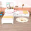 Lit plateforme simple en L en bois avec table intégrée, lit gigogne et tiroirs de rangement-971695985