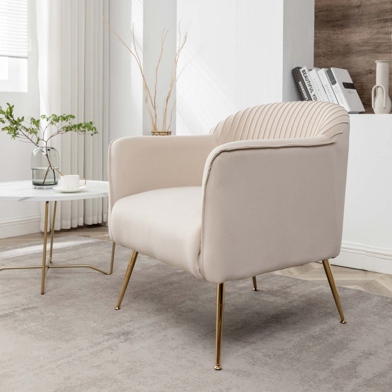 Fauteuil de chambre en velours tendance avec pieds en métal et structure en bois, Beige