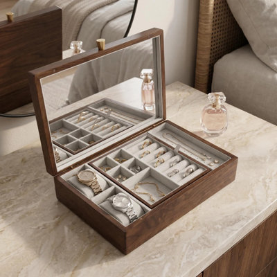 Coffret à bijoux en noyer massif avec plateau amovible et couvercle miroir