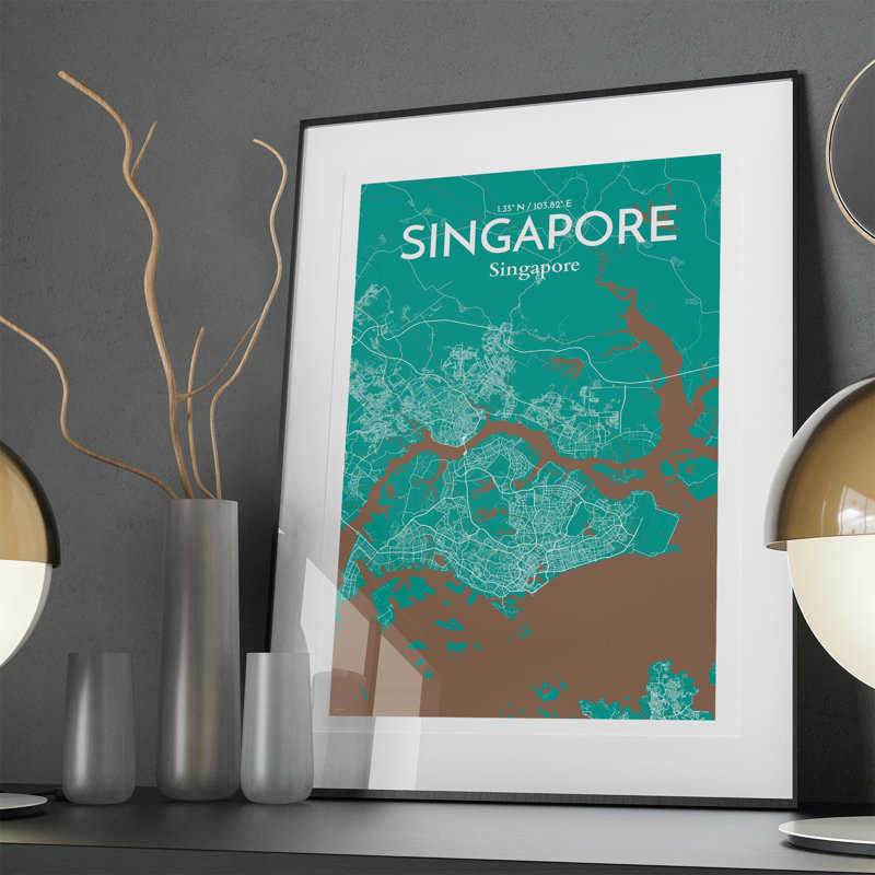 Carte de la ville de Singapour, impression, H 36 po x l 24 po, Vert / Brun