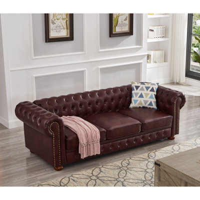 Samrat 88.5"" Chesterfield Sofa,Faux Leather Couch Upholstered Sofa with Low Back,Rolled Arm Nailhead Trim Classic 3 Seater Sofa -  Darby Home Co, 76FD39EA4DDA4261AF7D8E1EE38DE5A0