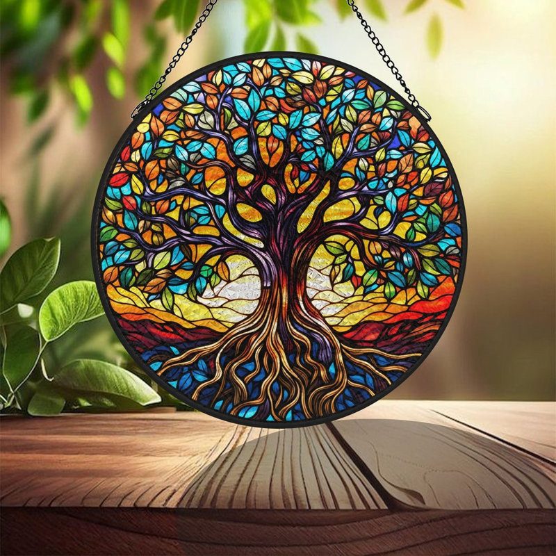 Vitrail arbre de vie panneaux vitrail Suncatcher pour décoration de fenêtre, 11,8 x 11,8 po (30 x 30 cm)