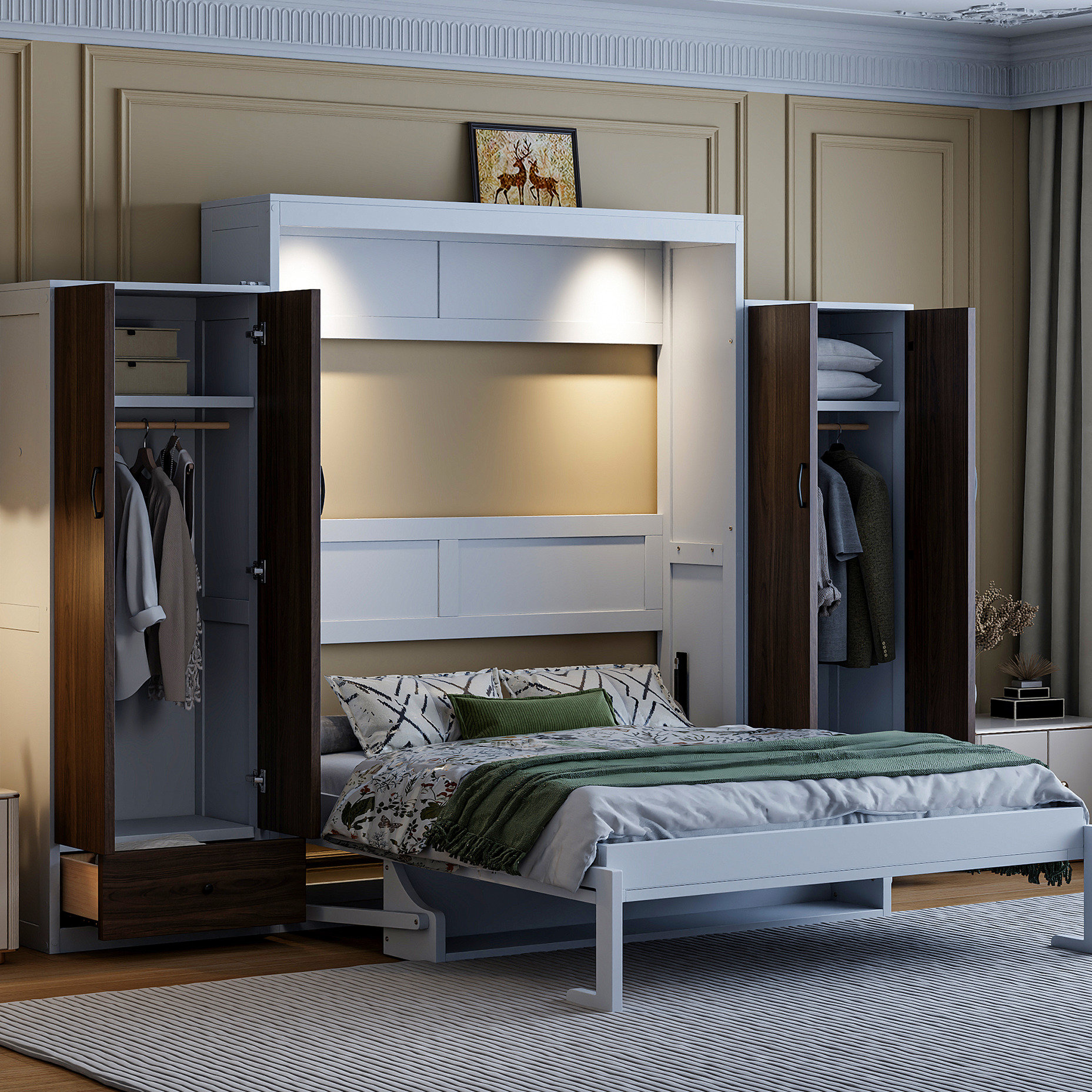 Latitude Run® Full Size White Bed With Closet, Drawers And Workspace ...