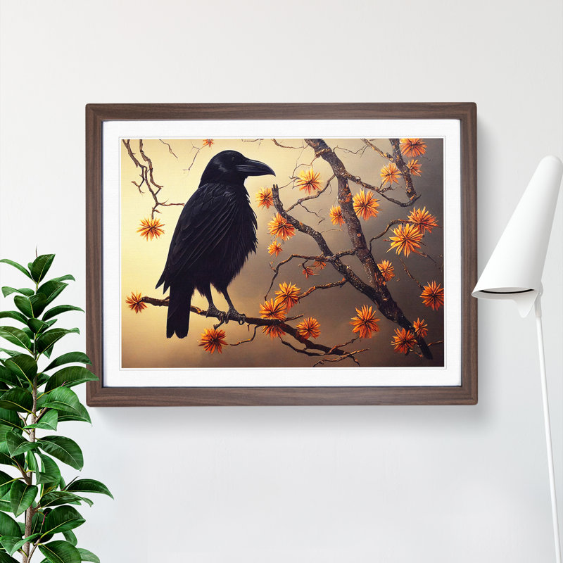 Eye Catching Crow Bird 1 Piece Single Picture Frame Wall Art, 46cm H x 64cm W x 2cm D, Walnut Framed